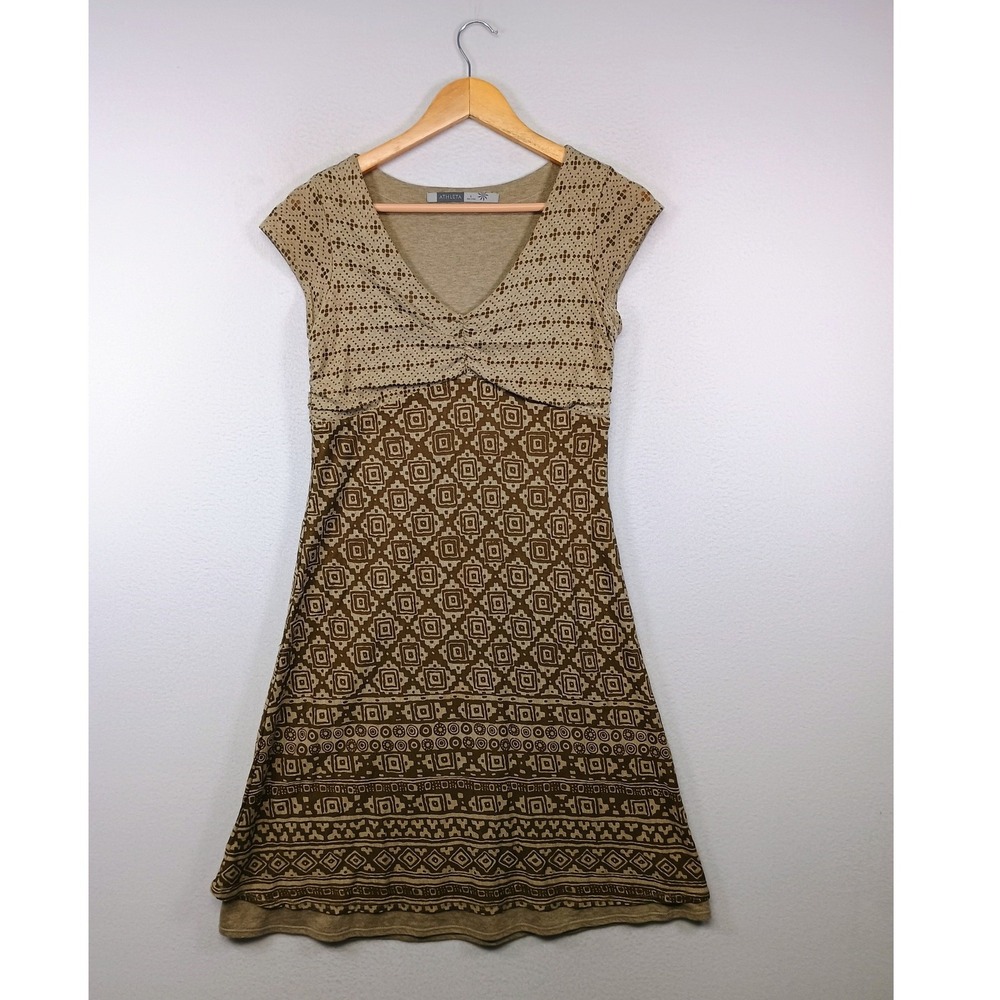 Boho Earthy Athleta Women Small Olive Brown Geometric Tribal V-Neck A-Line Dress